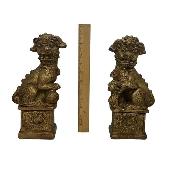 Vintage Brushed Gold Foo Dog Chinese Imperial Guardians Lion Bookends- A Pair - Picture 13 of 16